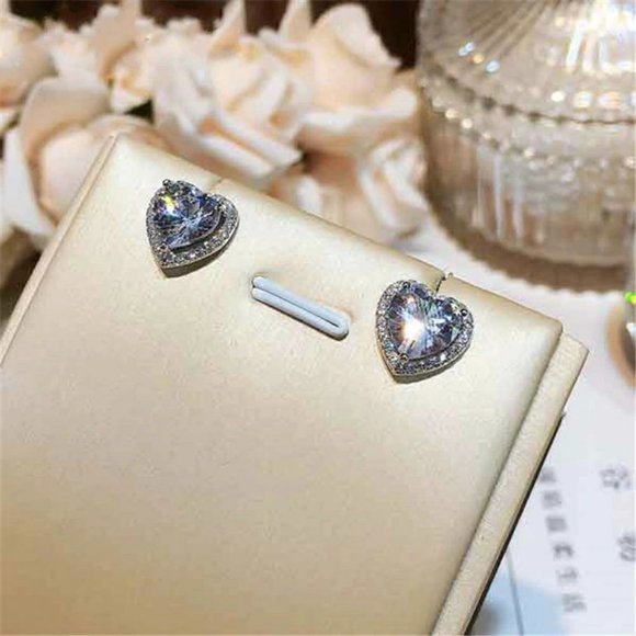NEW Sterling Silver Diamond Halo Heart Earrings - Picture 3 of 5